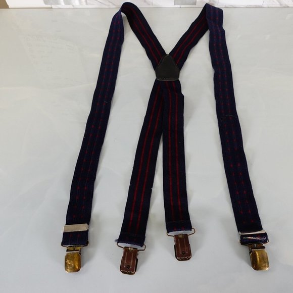 Suspender Other - Suspender Mens Blue Red Leather Clip On Adjustable Strap Stretch Red Dot X Back